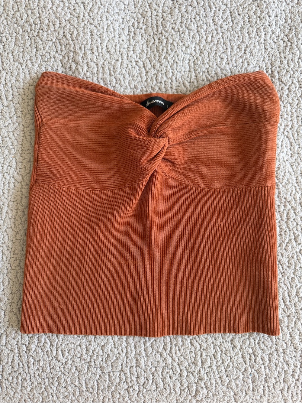 Olivaceous Strapless Twist-Front Knit Mini in Rust Orange